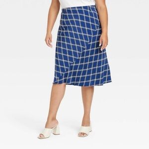 Ava & Viv • Women's Plus Size Blue & White Plaid Bias Midi Skirt